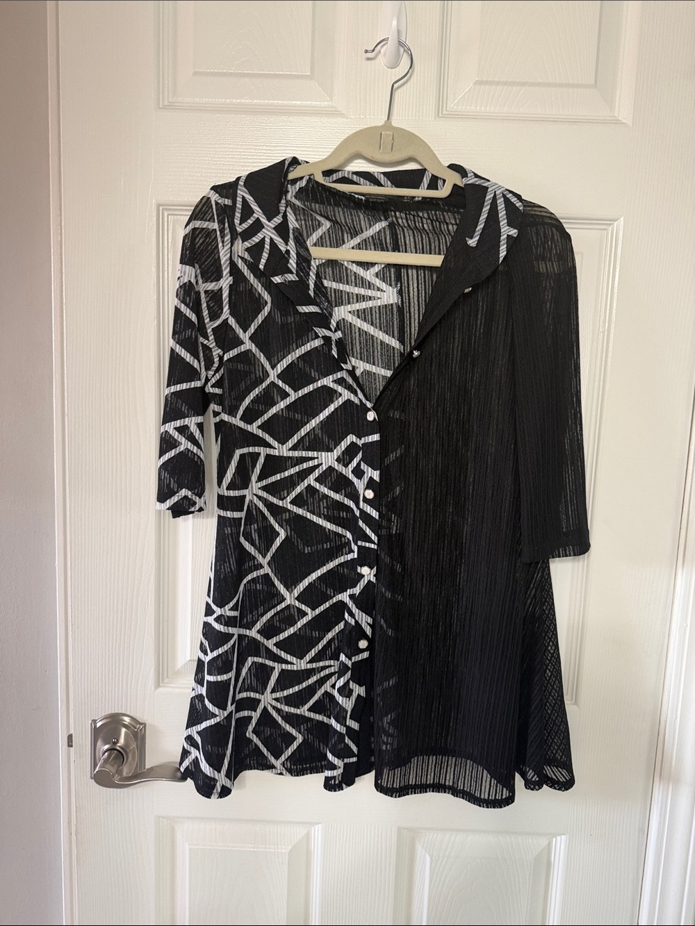 Radzoli Sheer mesh Button Down Shirt Blouse Black Gray White Small